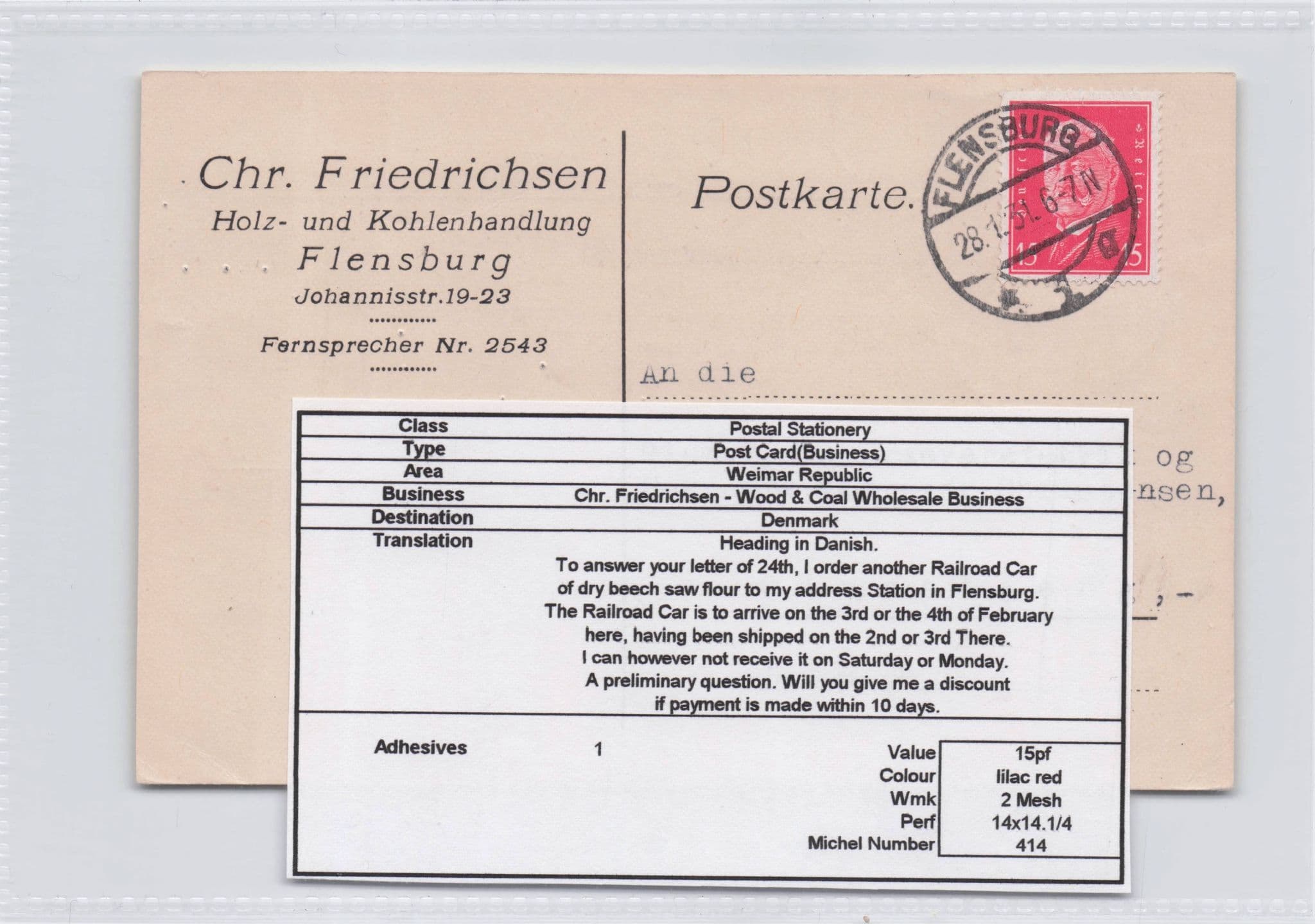 Denmark Wood & Coal Flensburg Weimar German Old Postcard