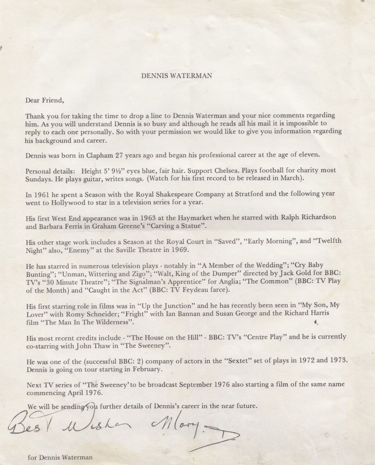 Dennis Waterman Antique Hand Signed The Sweeney 1976 Personal Secretary Letter