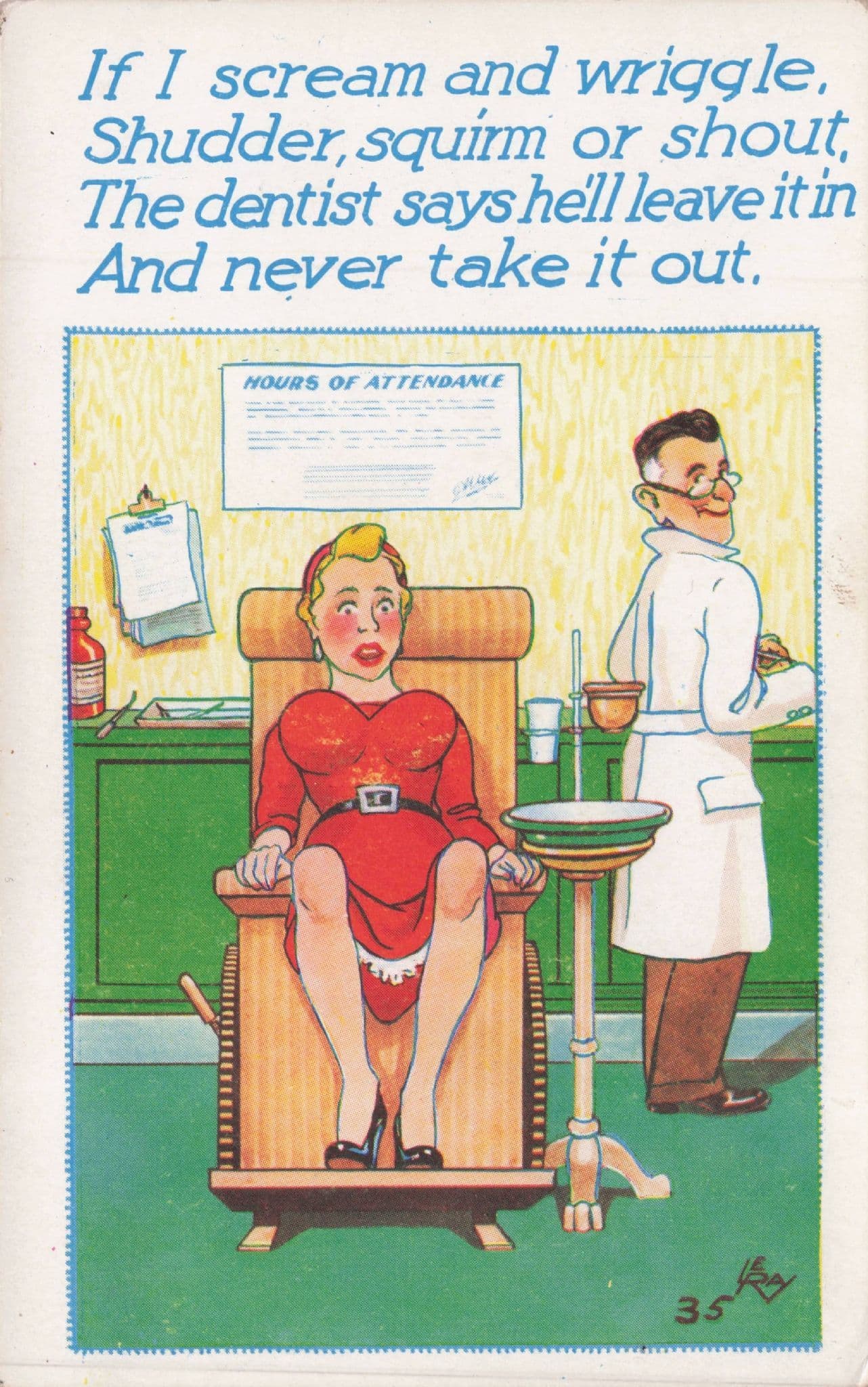 Dentists Scared Lady Patient Chair Screaming Joke Old Comic Postcard