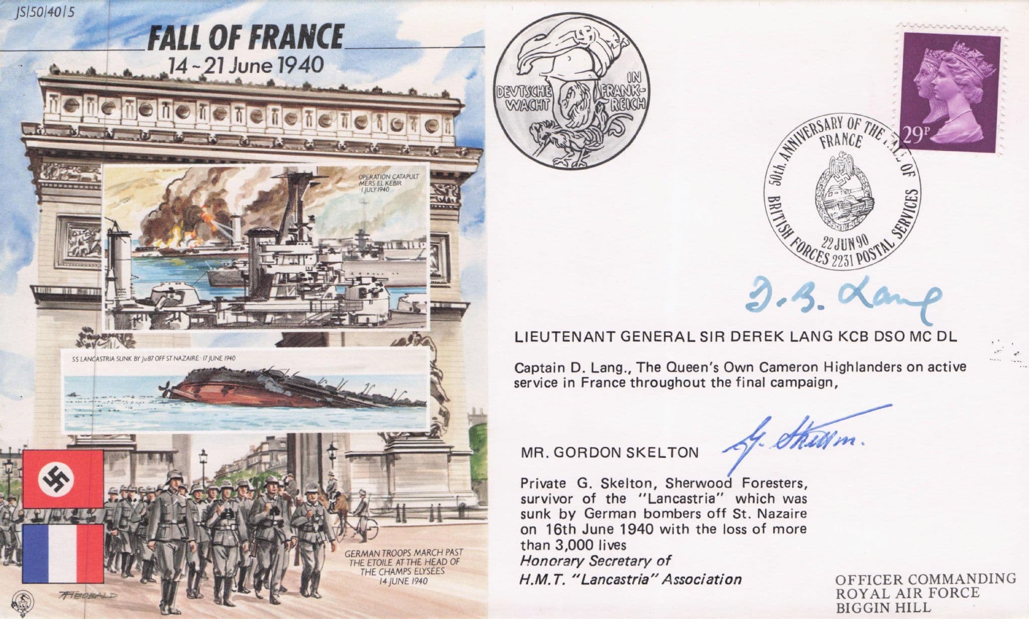 Derek Lang Cameron Highlanders G Skelton WW2 Fall Of France Hand Signed FDC
