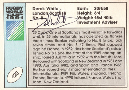 Derek White Scotland Hand Signed Rugby 1991 World Cup Card Photo