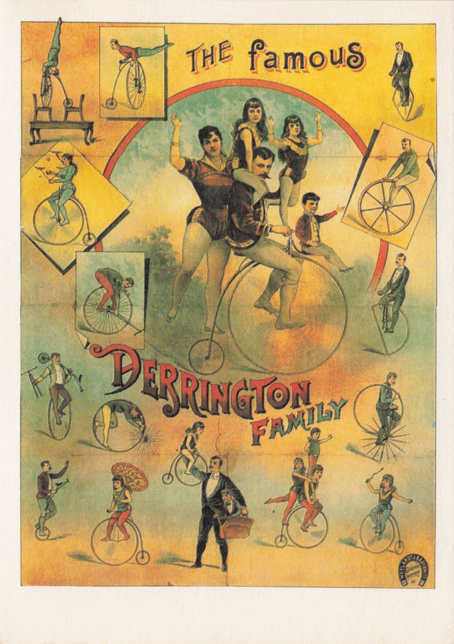 Derrington Family Victorian & 1900s Bicycle Circus Acrobats Act Poster Postcard