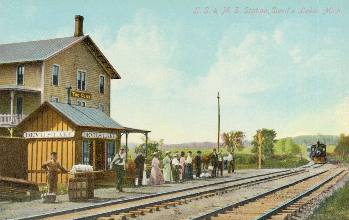 Devils Lake Station Michigan Railroad Train Old USA Postcard