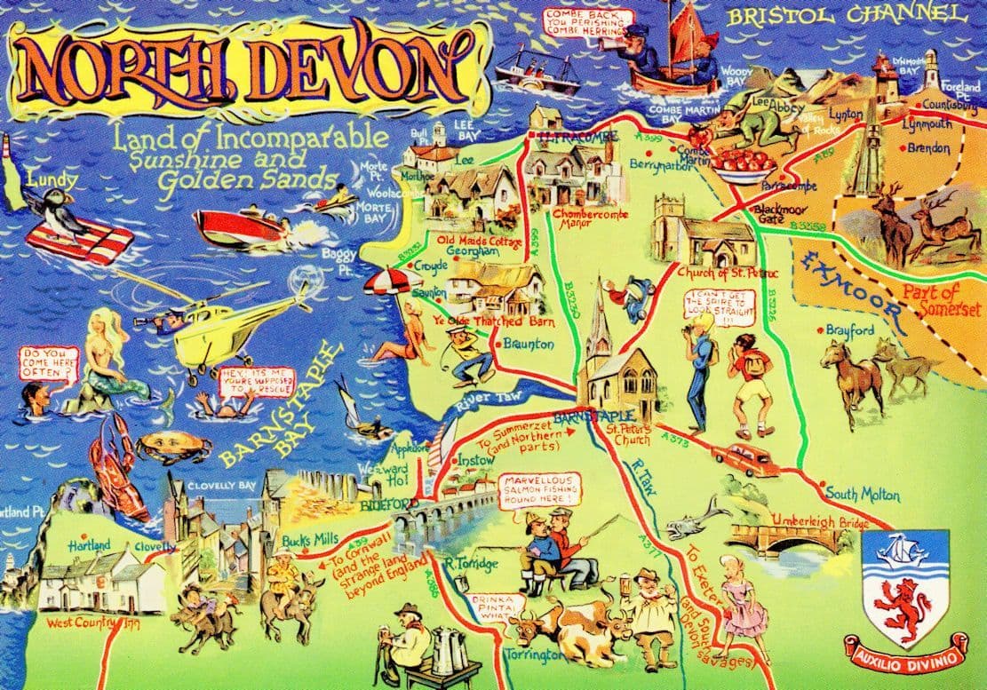 Devon  Comic Cartoon Fishing Farming Map Postcard