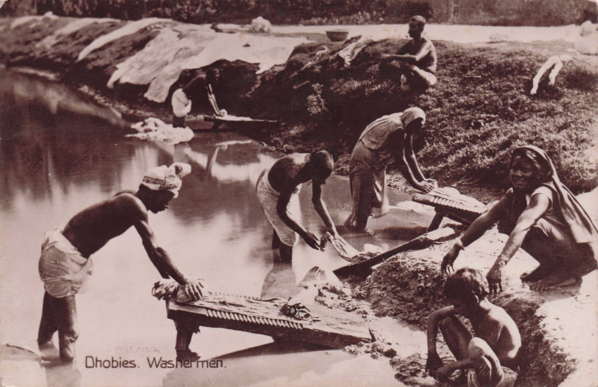 Dhobies Washermen Calcutta India Antique Rare Real Photo Postcard
