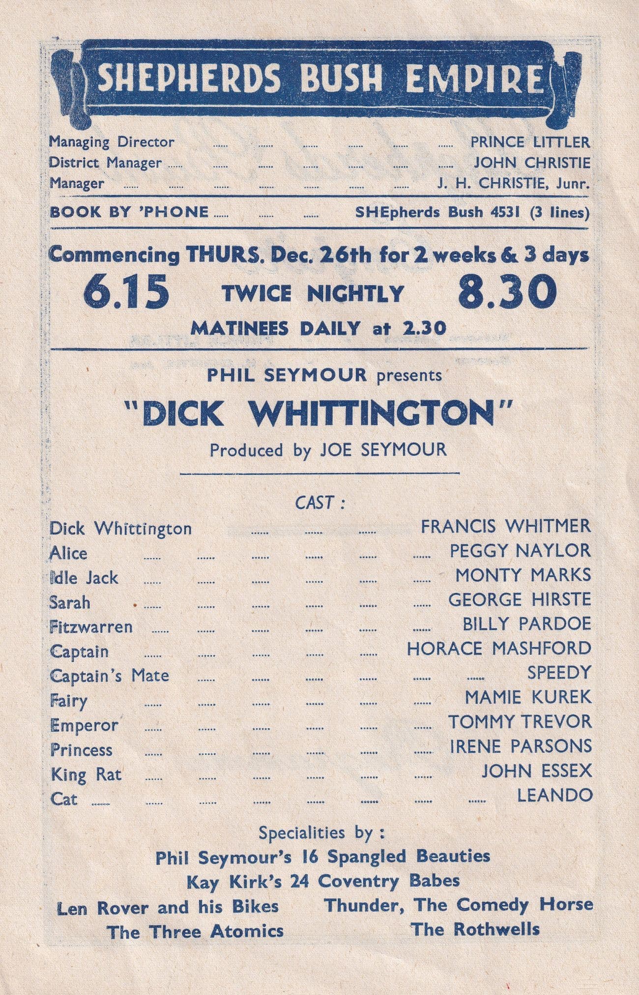 Dick Whittington Shepherds Bush Empire Old Pantomime Theatre Programme