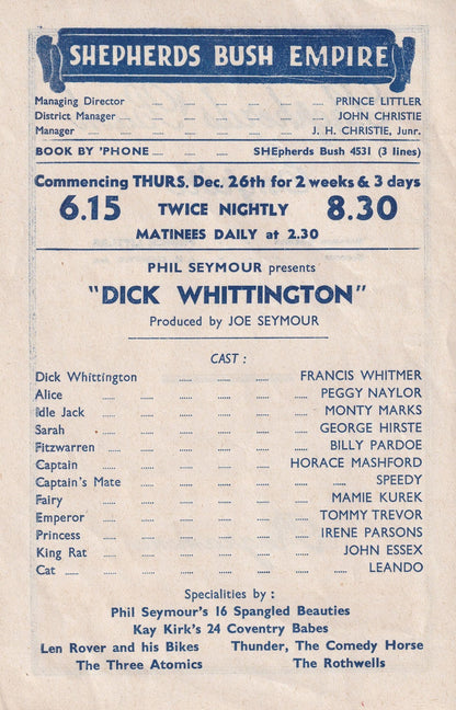 Dick Whittington Shepherds Bush Empire Old Pantomime Theatre Programme