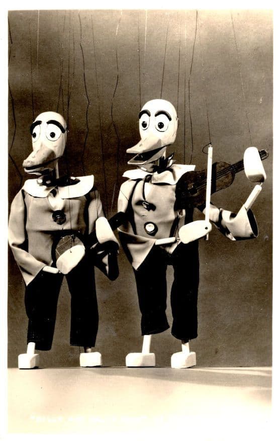 Dilly & Dally Duck Musicians At Puppet Land Marionette Real Photo Old Postcard