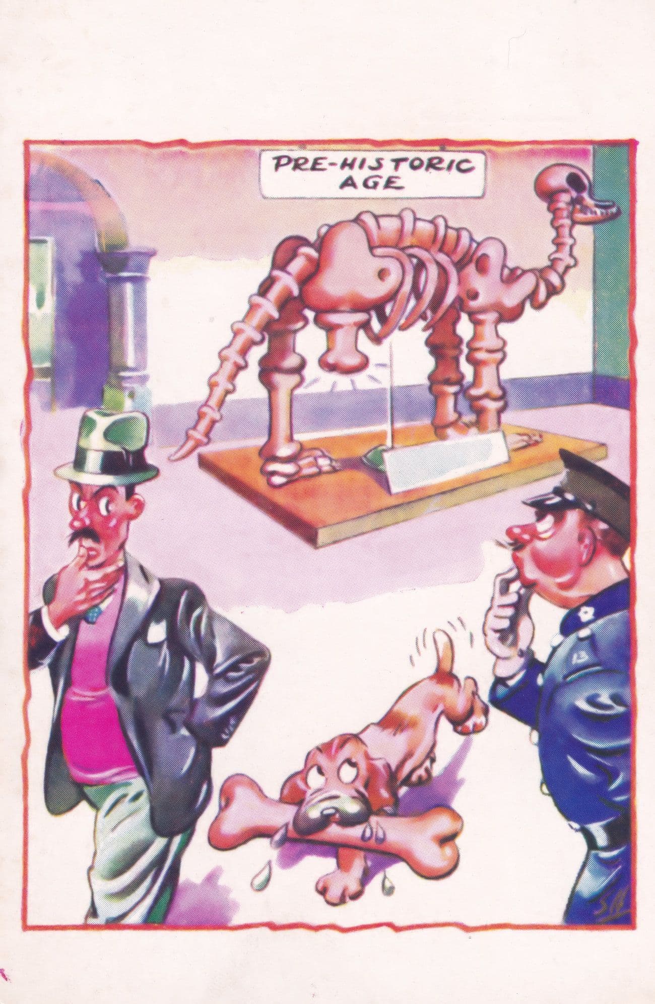 Dinosaur Skeleton Policeman Old Comic Postcard
