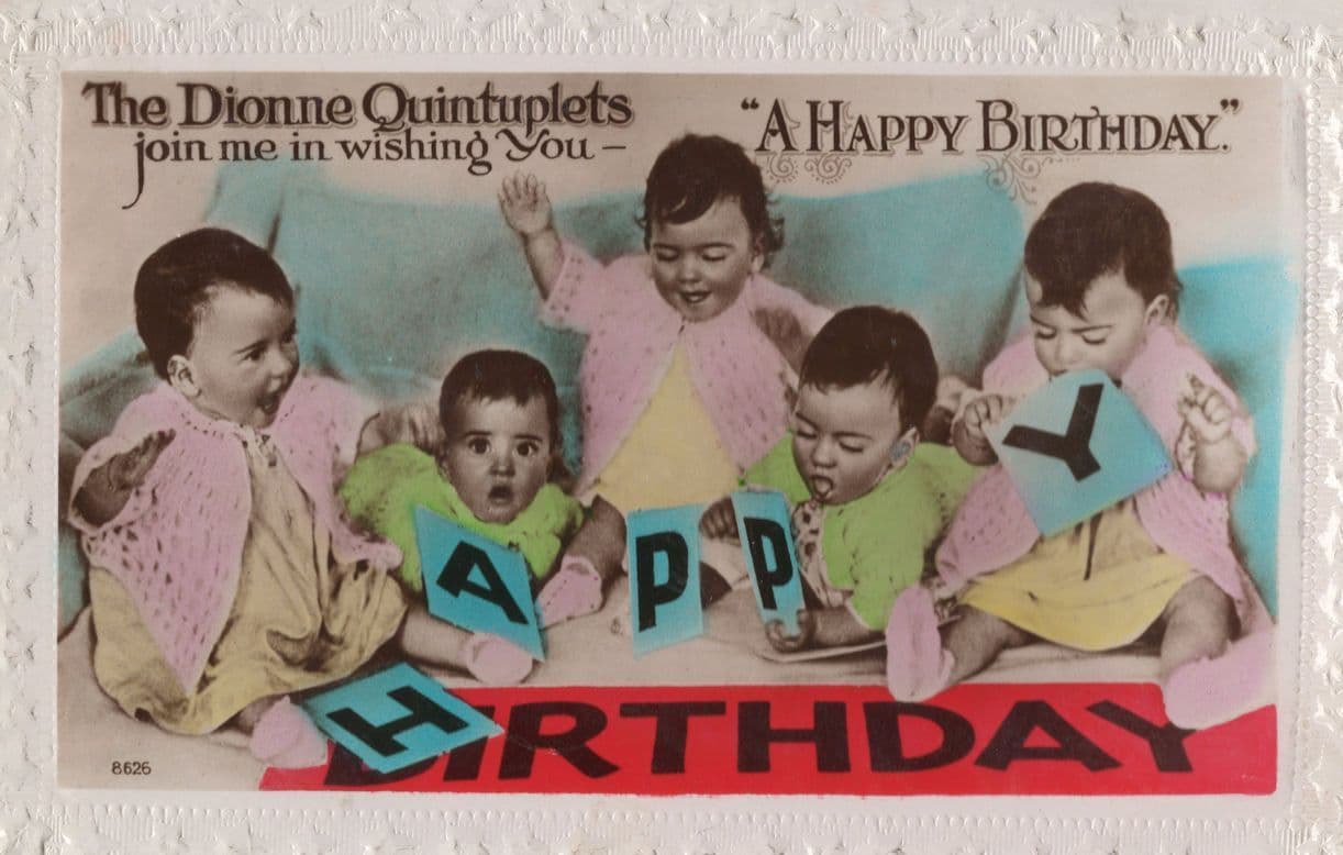 Dionne Quintuplets Wishing You A Happy Birthday 1930s Postcard