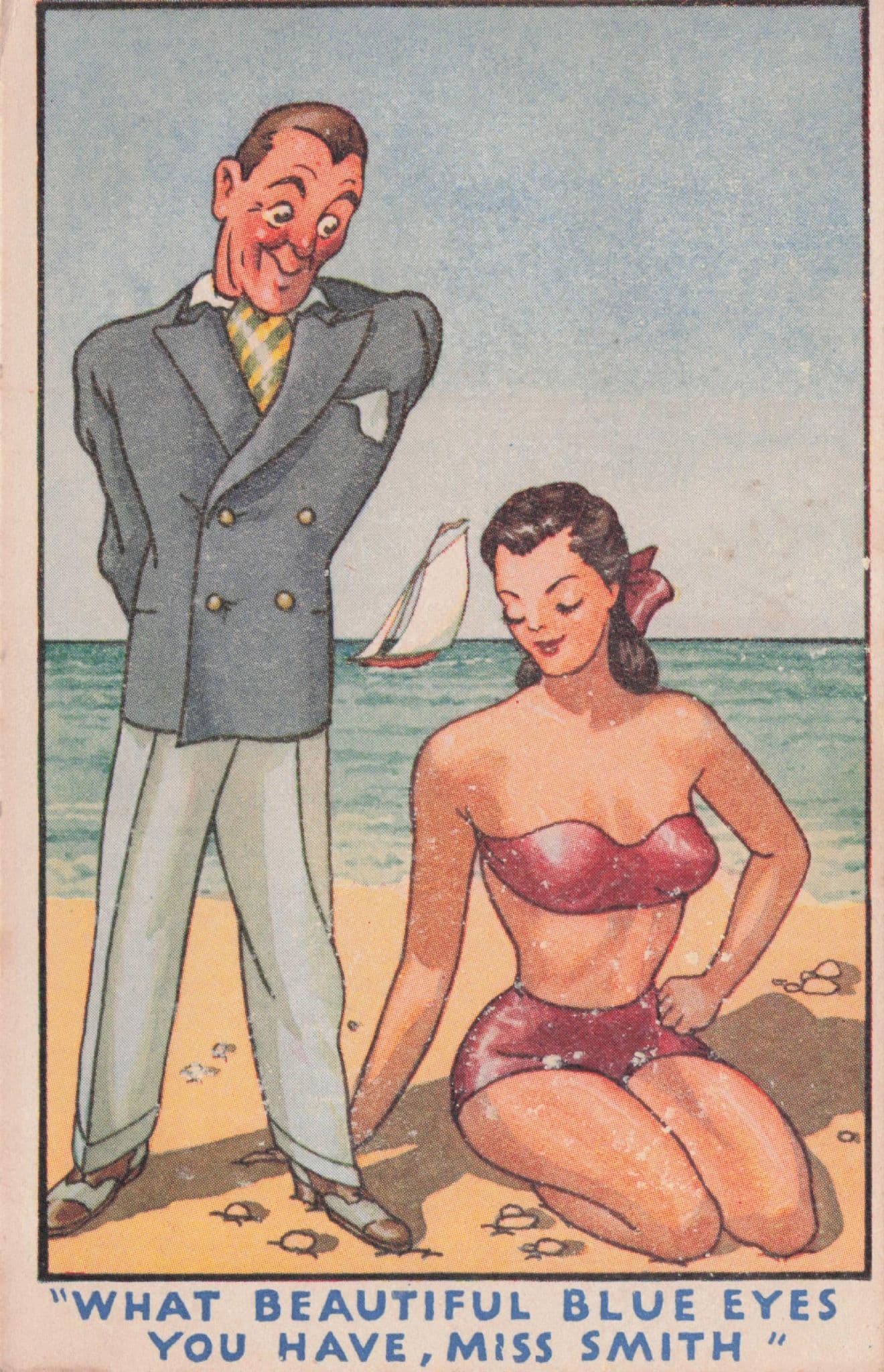 Dirty Old Man Flirting Sexy Lady On Beach Sailing Boat Antique Comic Postcard