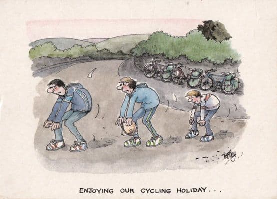 Disaster Holiday incl Cycling Fishing 4x Comic Humour Postcard s