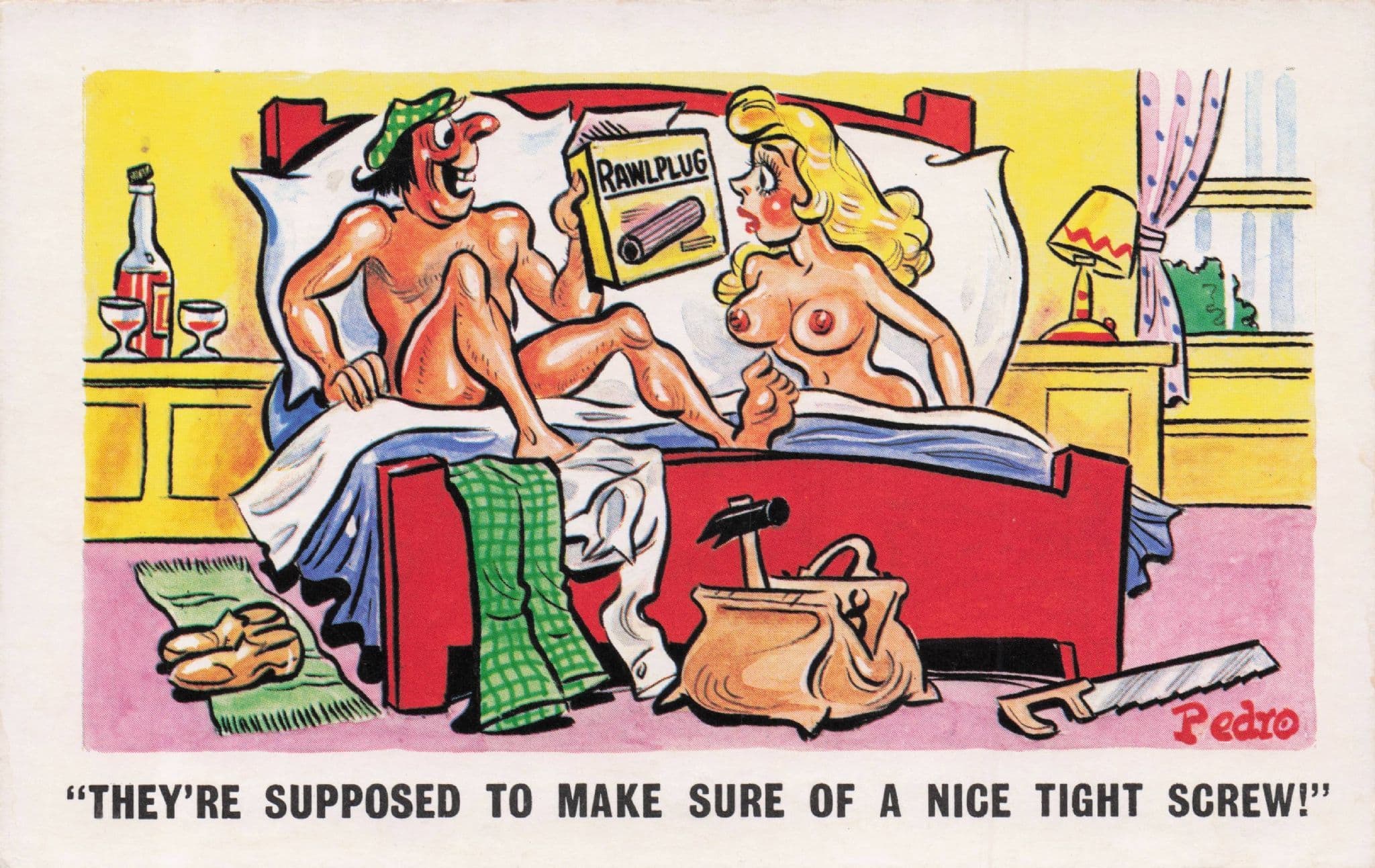 DIY Handyman in Bed With Sexy Lady & Toolkit 1970s Comic Postcard