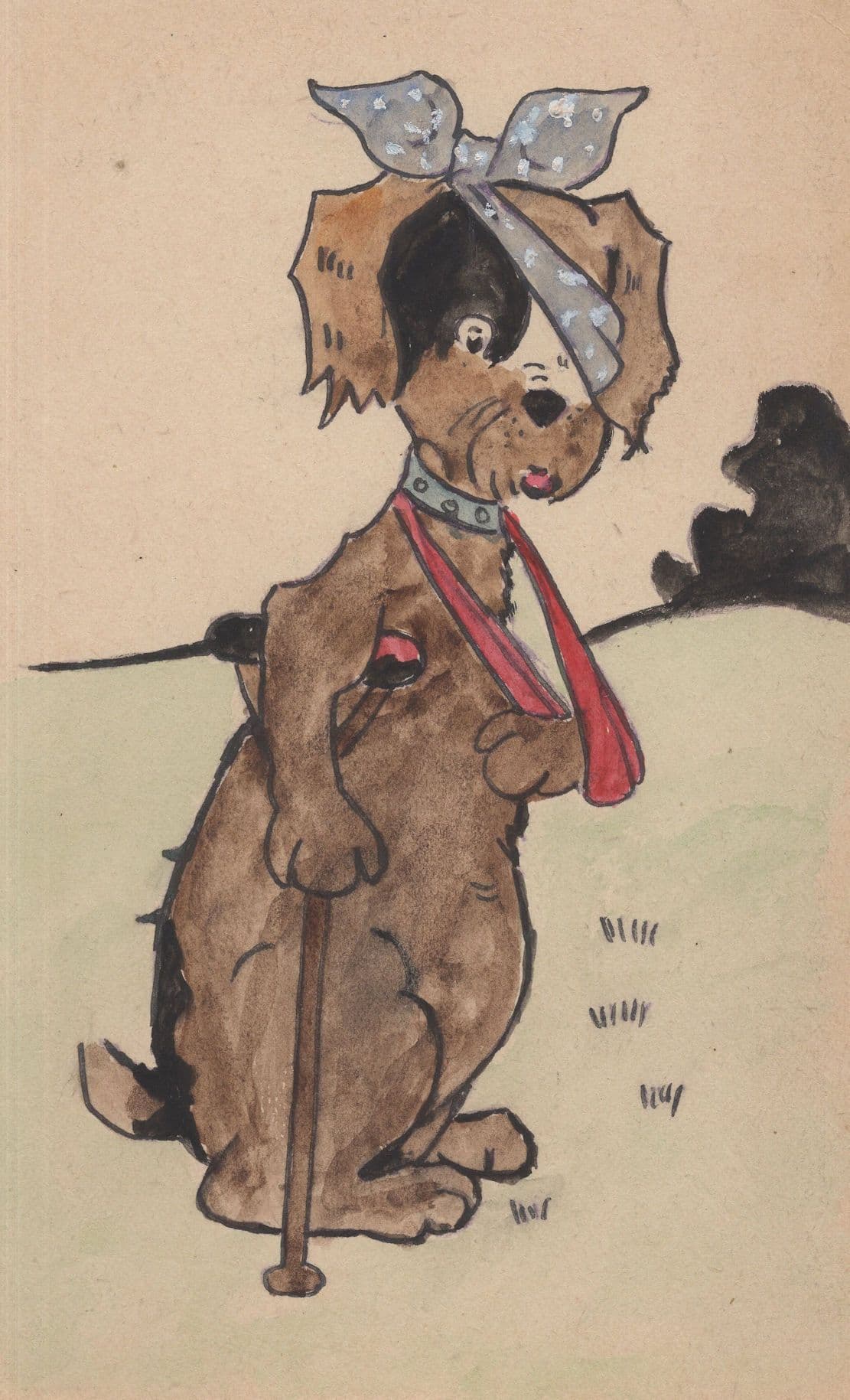 Dog In Bandage Arm Sling Walking Stick Antique Comic Postcard