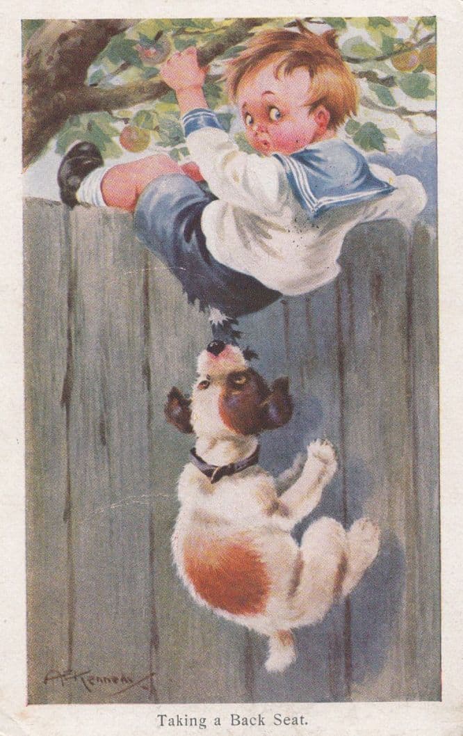Dog Tearing Off Boys Trousers AE Kennedy Antique WW1 Comic Postcard