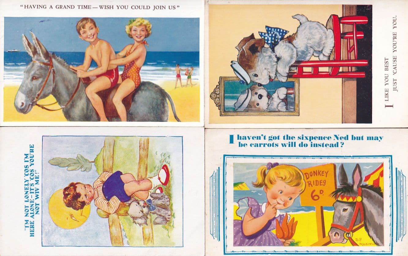 Dogs Pony Donkey Rides 4x Children Comic Postcard s