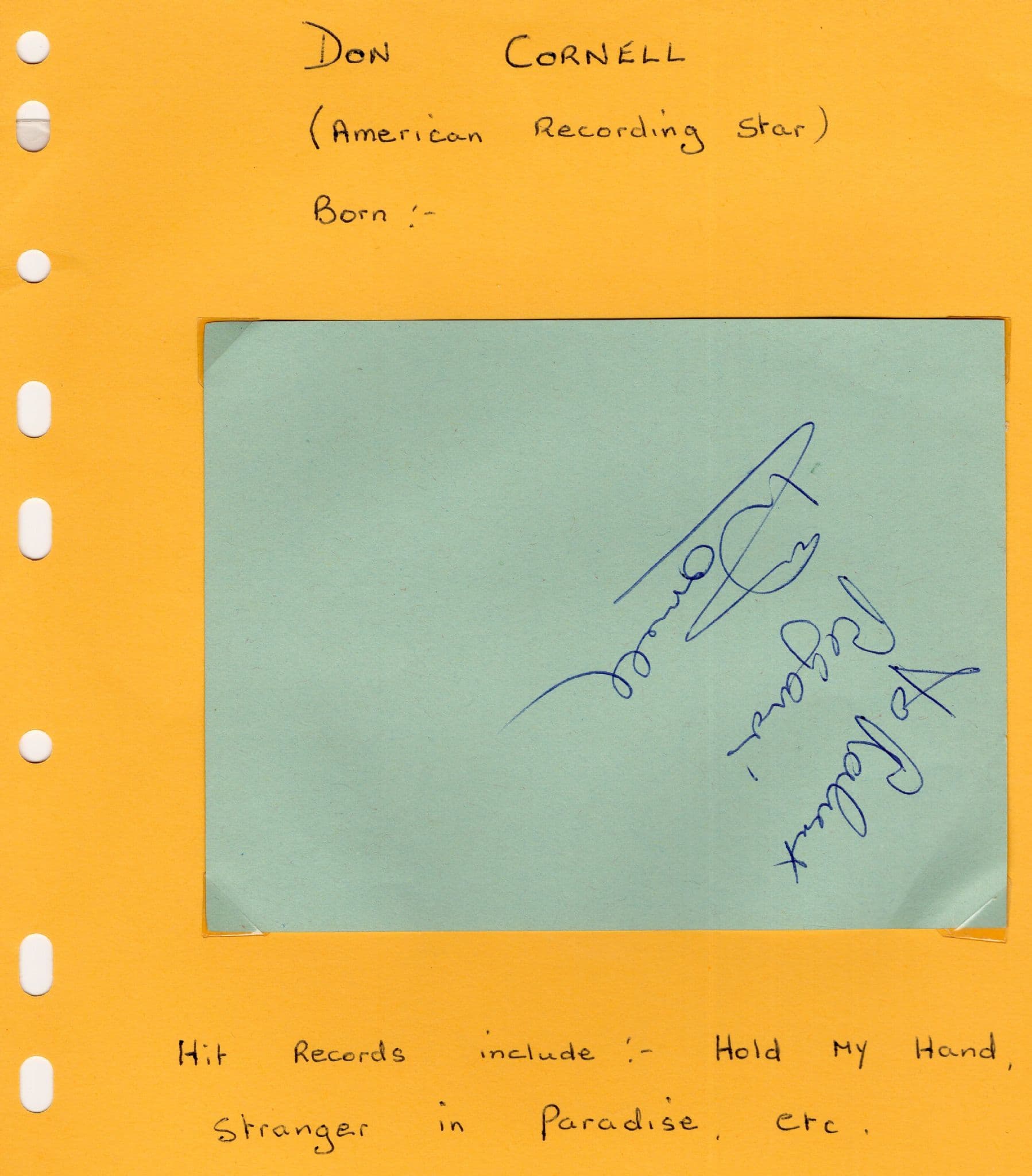 Don Cornell American Music Artist Hand Signed Autograph
