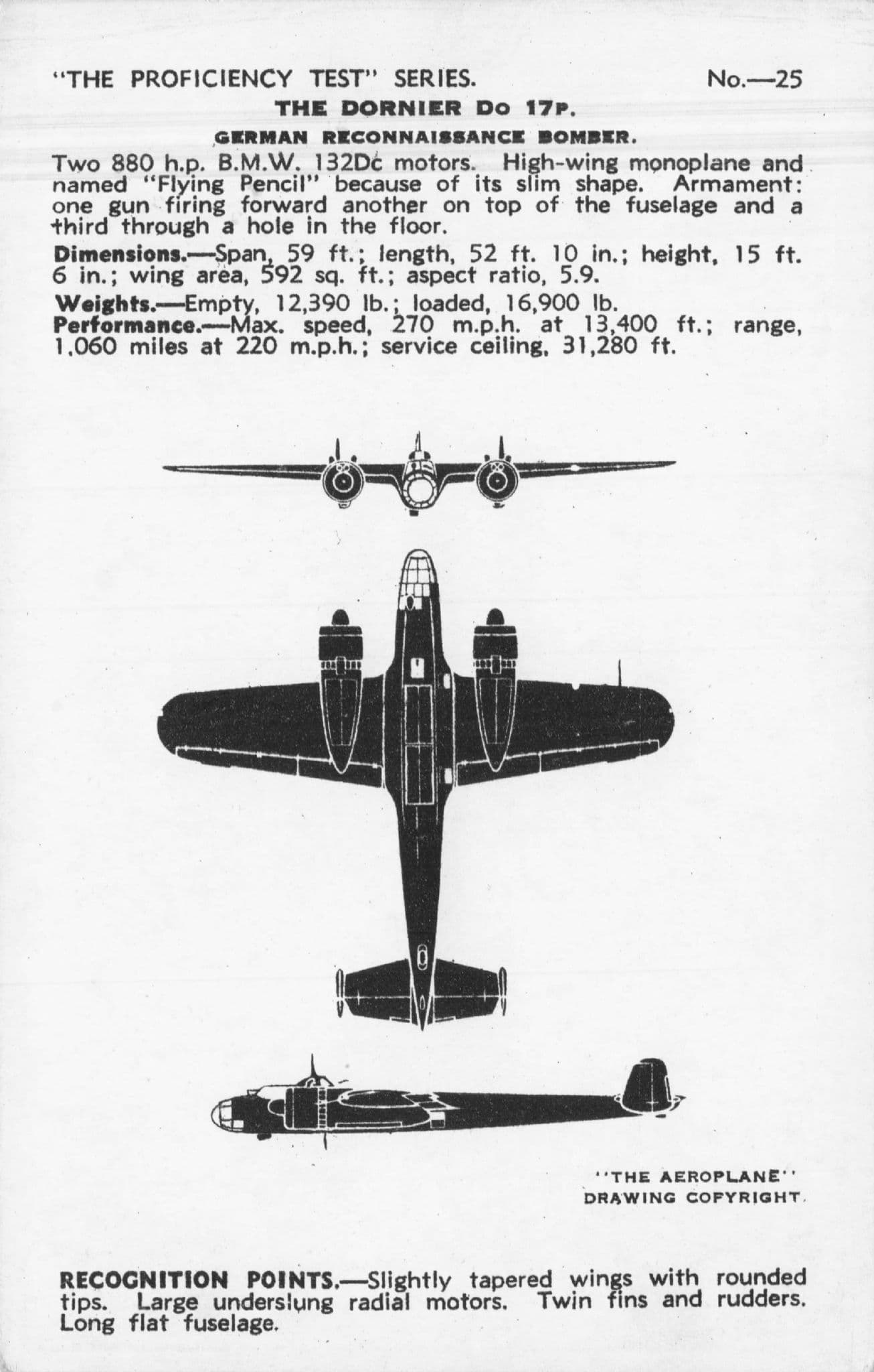 Dornier DO17P Bomber Valentines Aircraft Recognition Card Postcard