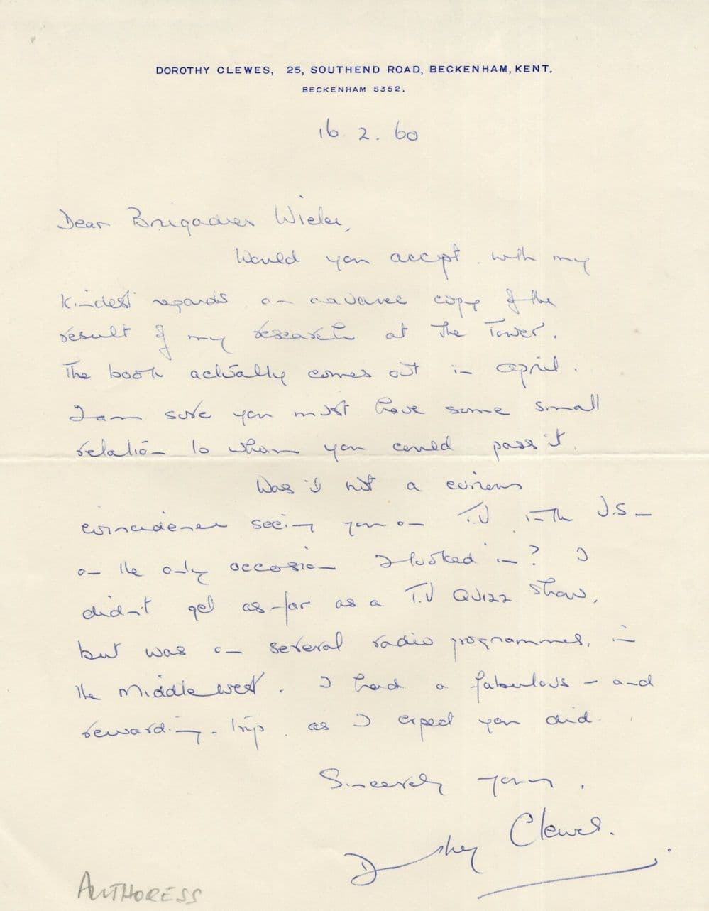 Dorothy Clewes Jackanory Book Kent Author Official Hand Signed Letter Autograph