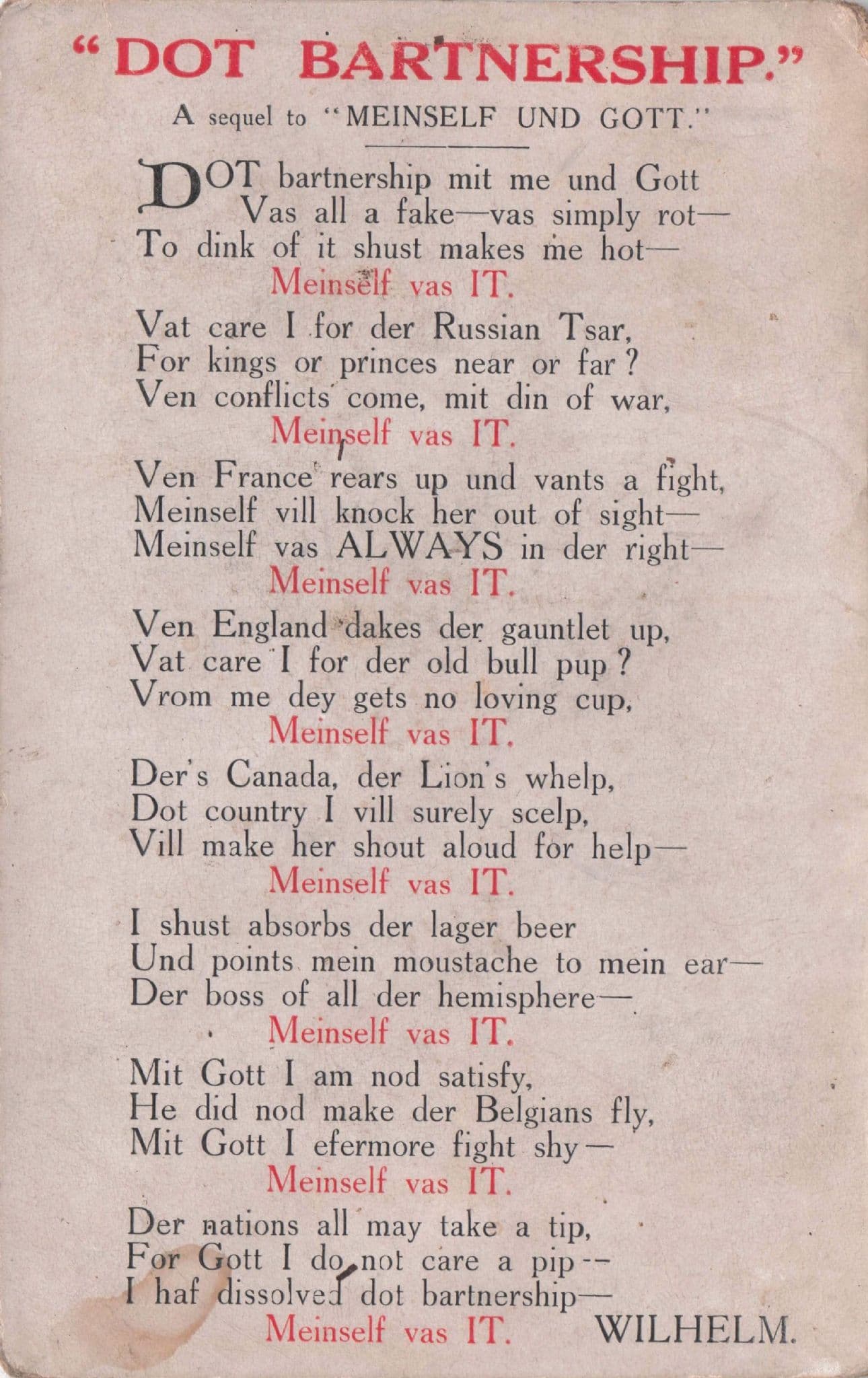 Dot Bartnership German Soldier WW1 Patriotic Song Old Postcard