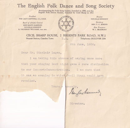 Douglas Kennedy English Folk Morris Dance Society Founder Antique Hand Signed Letter