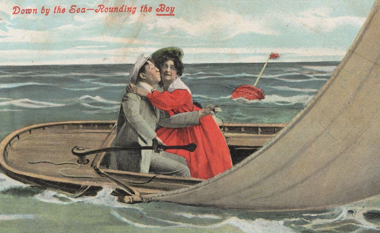 Down By The Sea Rounding The Boy Boat Comic Old Postcard