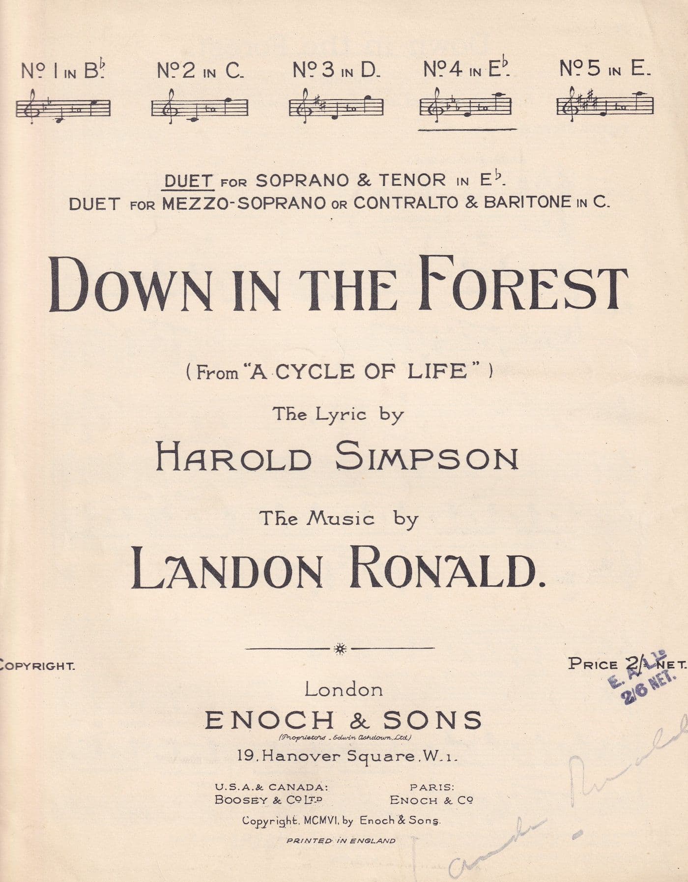 Down In The Forest from A Cycle Of Life Landon Ronald Signed Classical Sheet Music