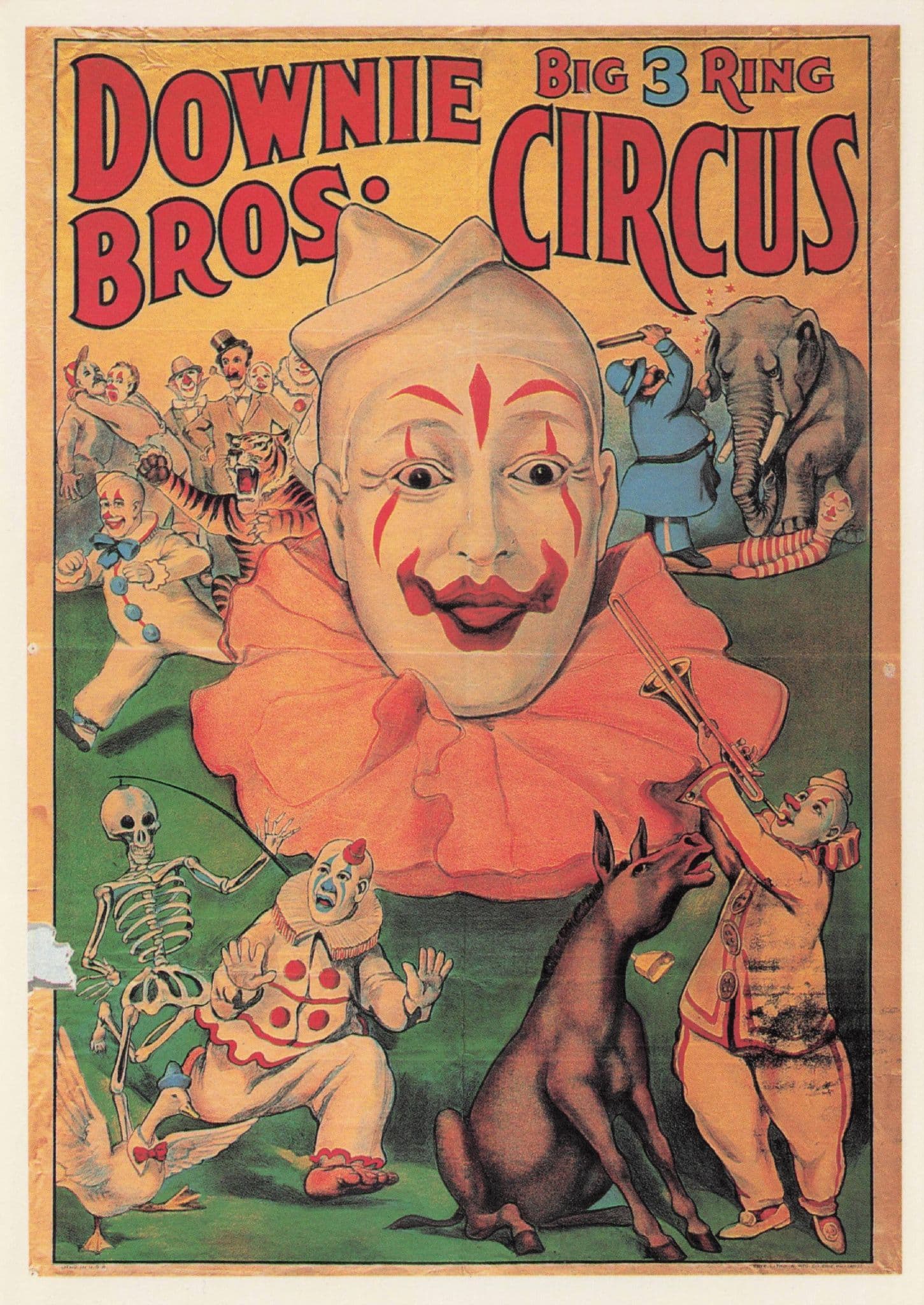 Downie Bros Old Circus Skeleton Clown 1926 Poster Postcard