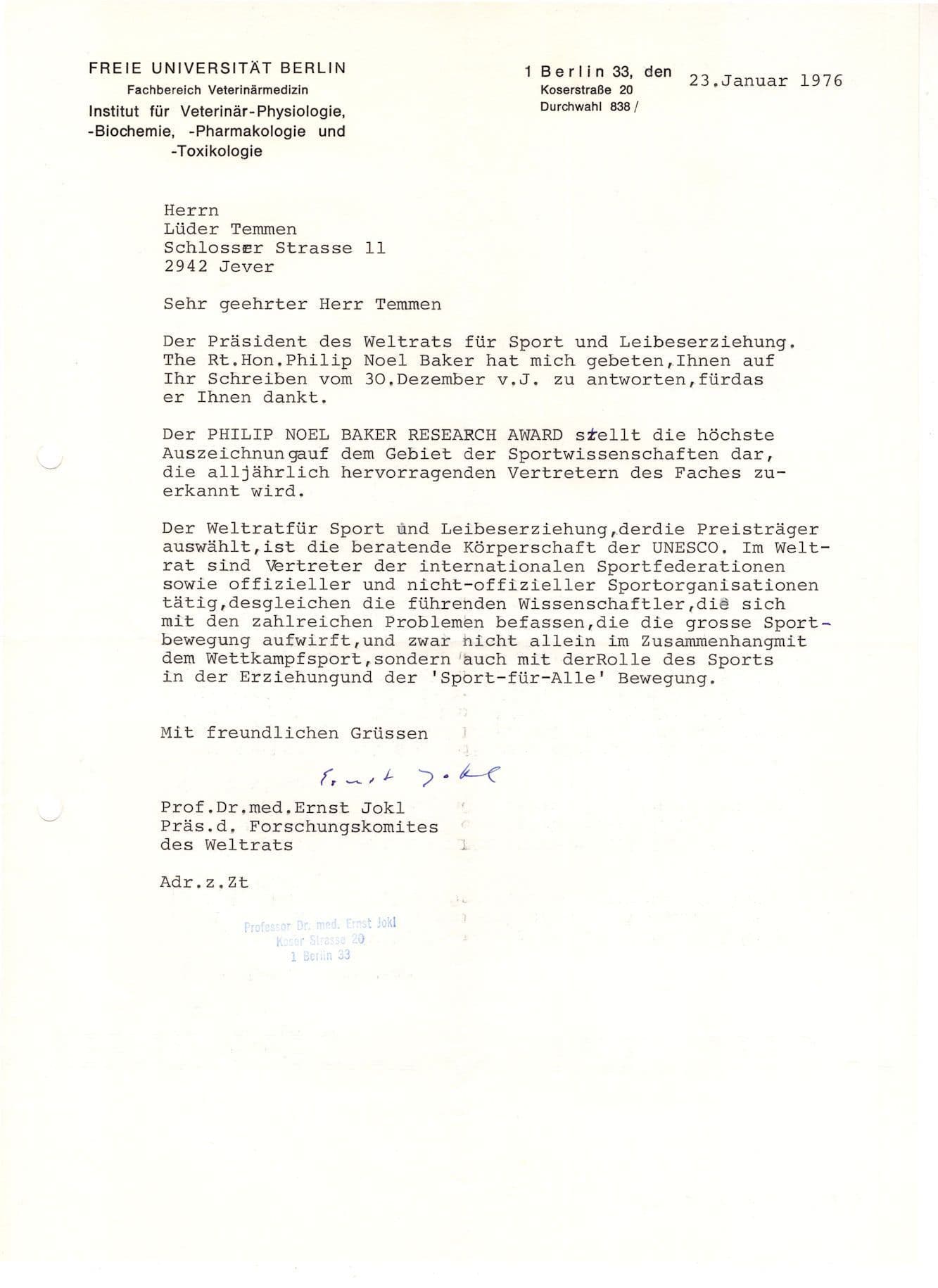Dr Ernst Jokl WW2 Olympic Games South African Sports Medicine German Hand Signed Letter