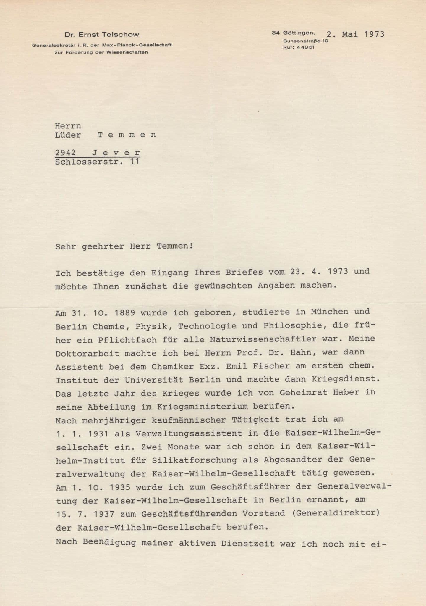 Dr Ernst Telschow Director Max Planck Gesellschaft Hand Signed Letter