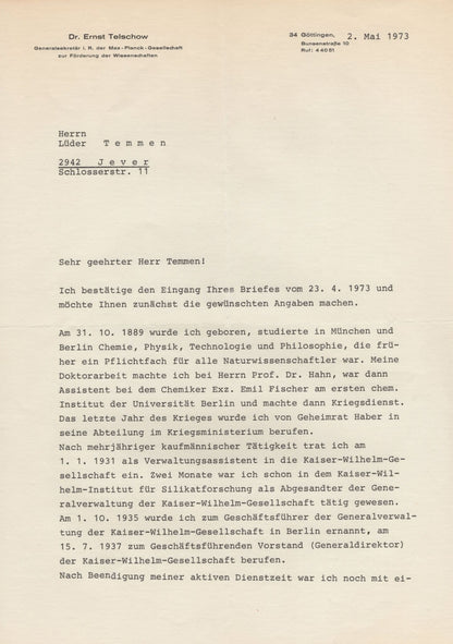 Dr Ernst Telschow Director Max Planck Gesellschaft Hand Signed Letter