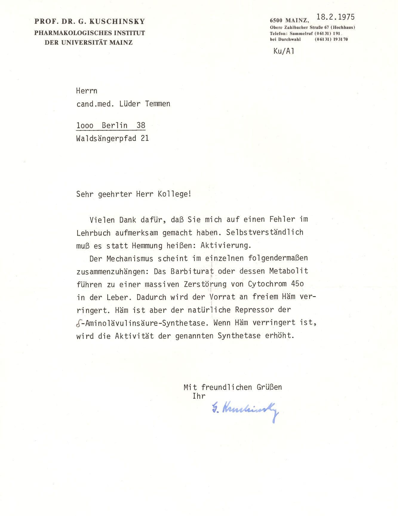 Dr Gustav Kuschinsky German Post WW2 Scientist Hand Signed Letter