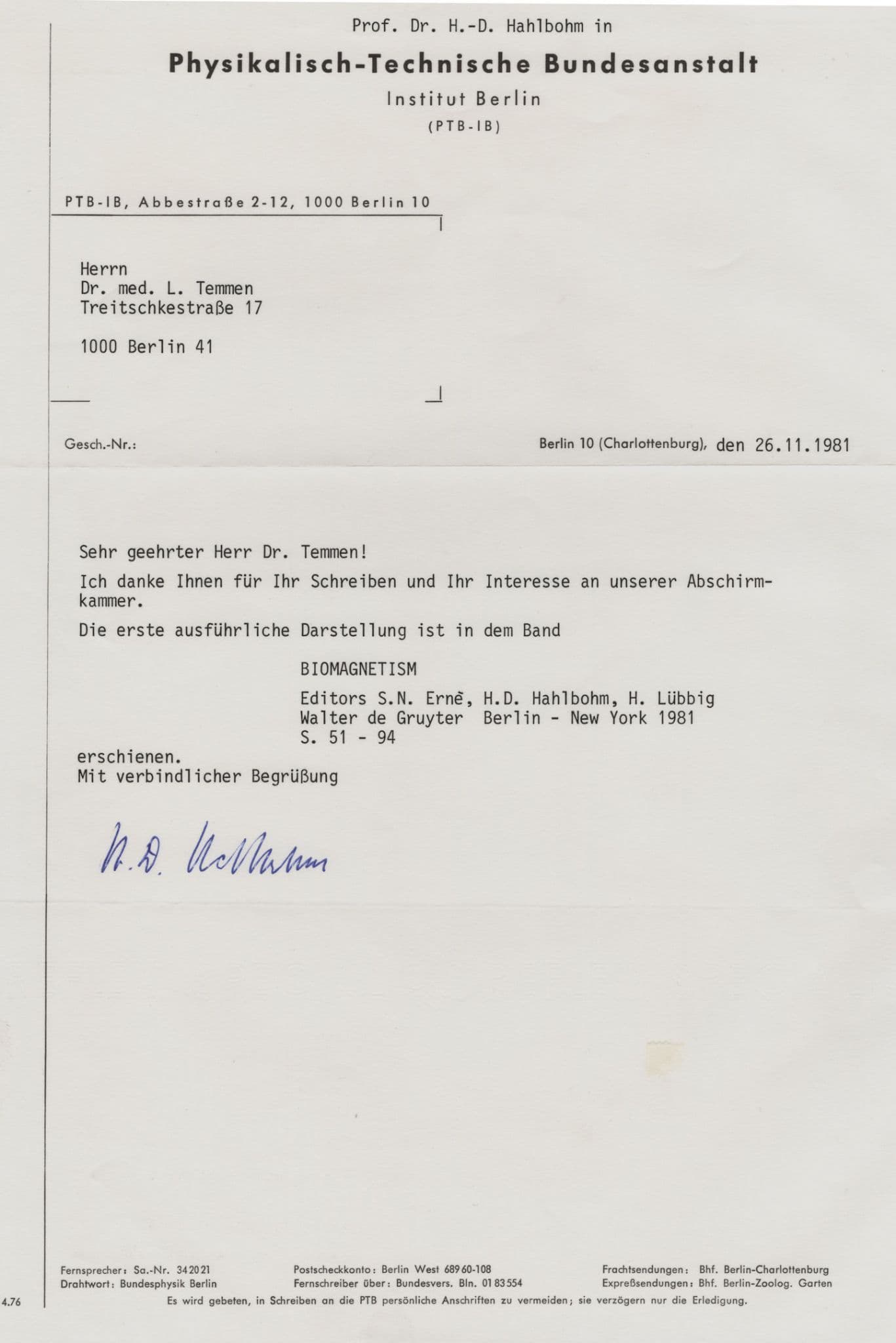 Dr Hans Dieter Hahlbohm German Magnetism Professor Hand Signed Letter