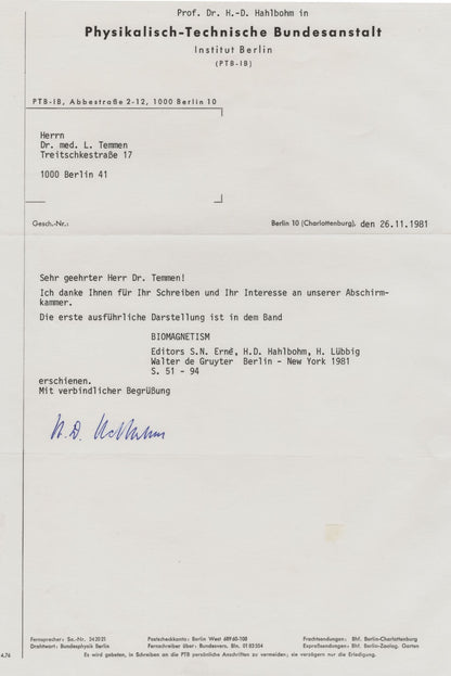 Dr Hans Dieter Hahlbohm German Magnetism Professor Hand Signed Letter