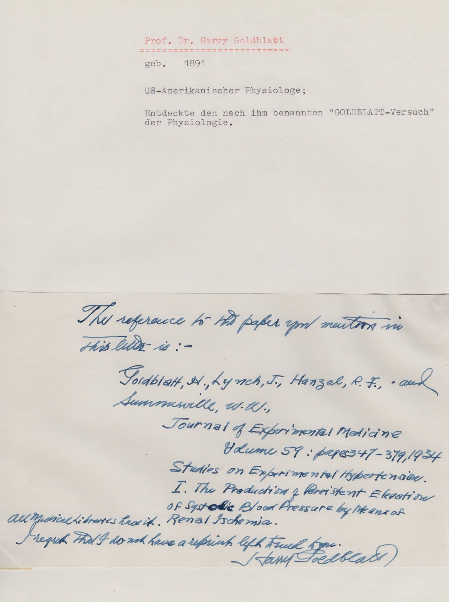 Dr Harry Goldblatt Historic Blood Pressure Pathologist Signed Letter