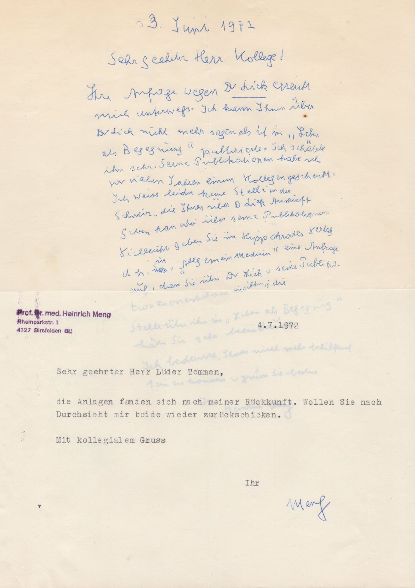 Dr Heinrich Meng German Physician Psychoanalyst 2x Hand Signed Letters