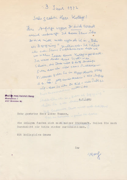 Dr Heinrich Meng German Physician Psychoanalyst 2x Hand Signed Letters