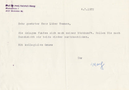 Dr Heinrich Meng German Physician Psychoanalyst 2x Hand Signed Letters