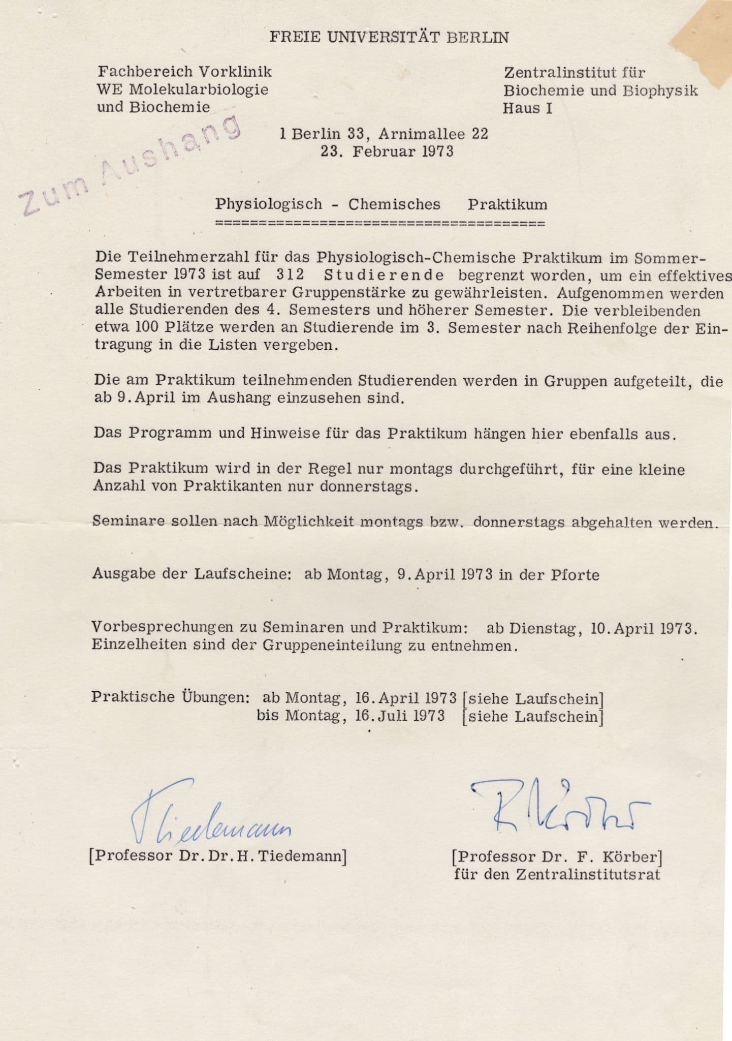 Dr Heinz Tiedermann Berlin German Biologist Chemist Hand Signed Document