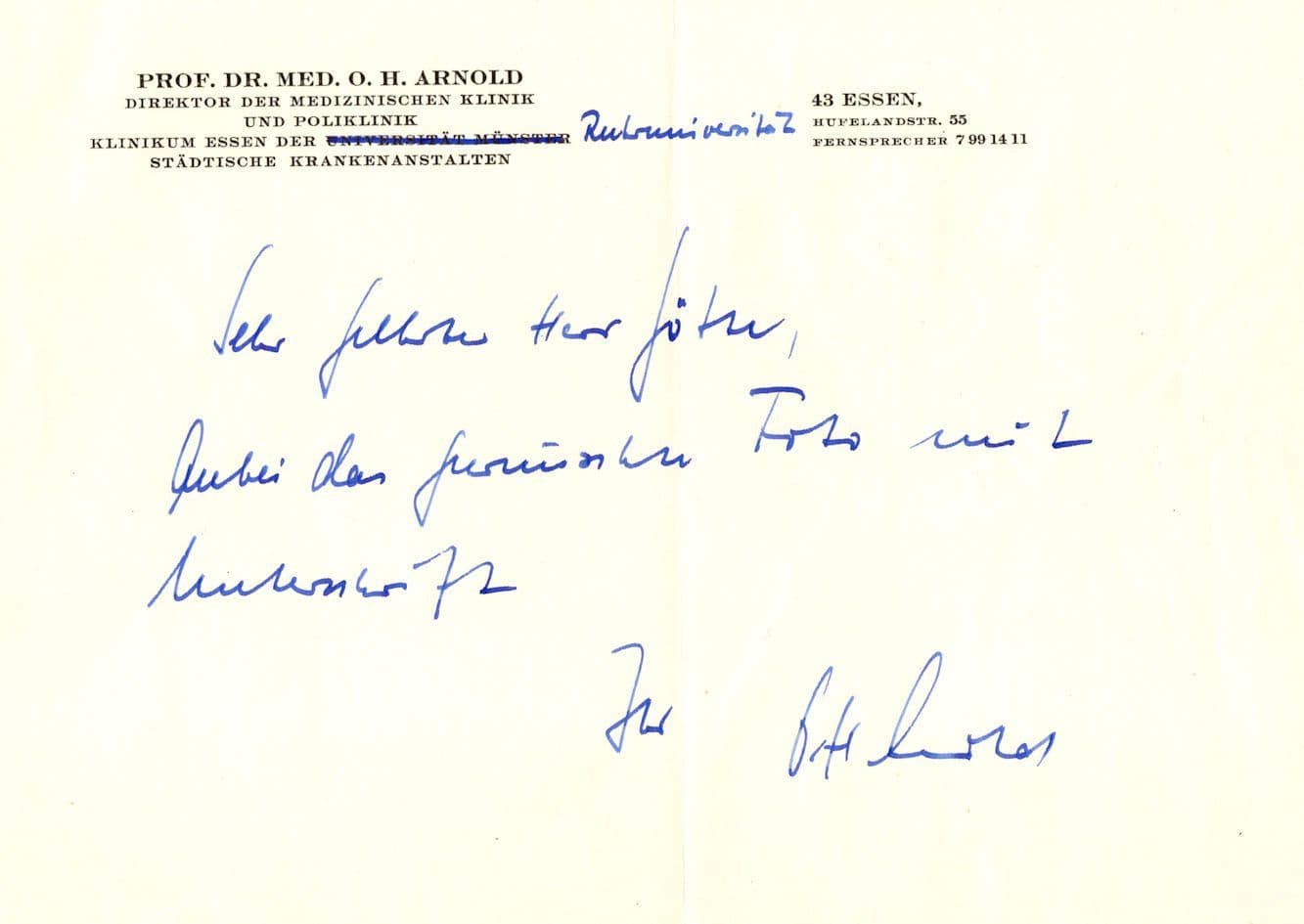 Dr OH Arnold Essen Germany Doctor Psychotropic Drugs Signed Letter