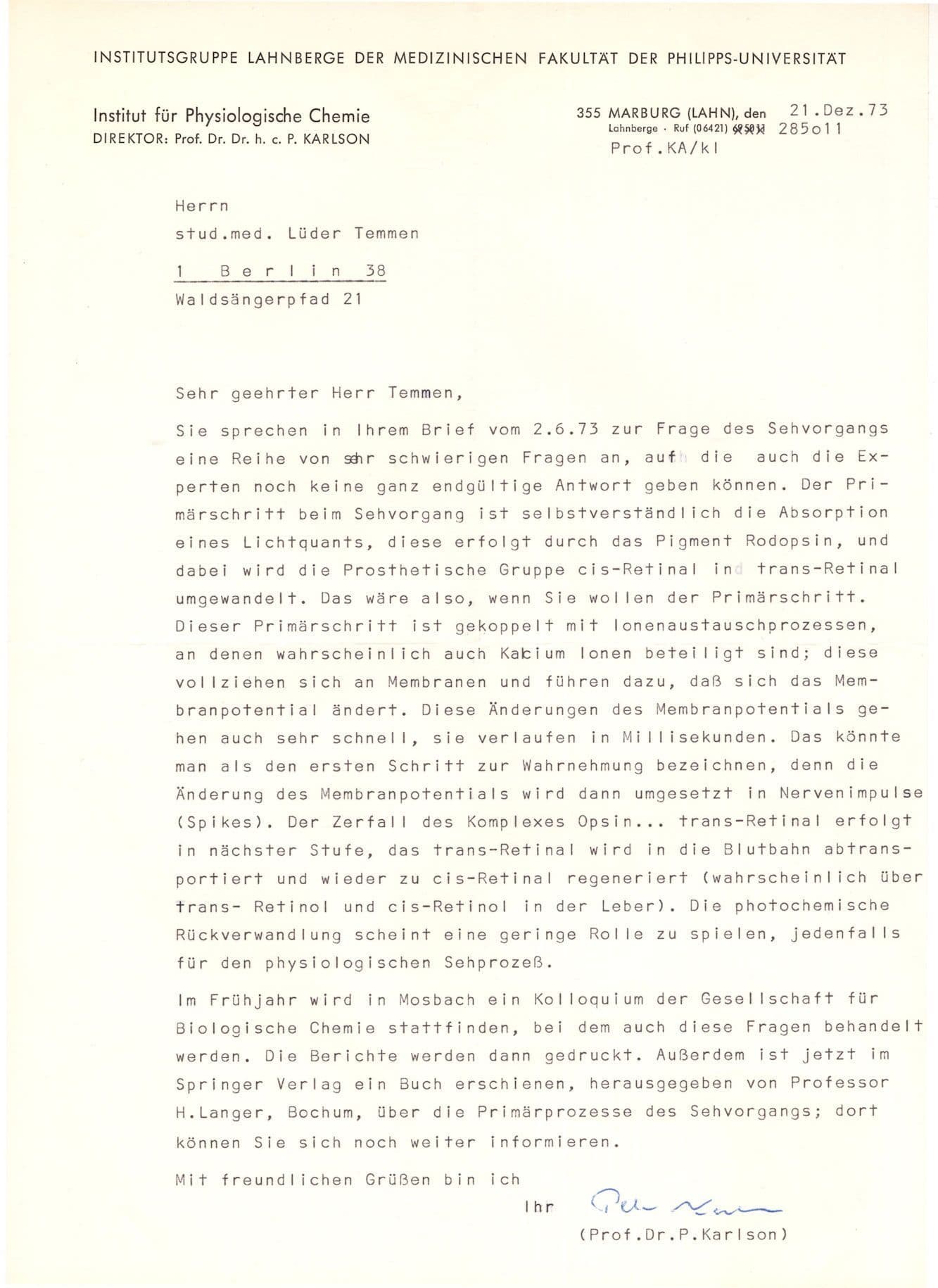 Dr Peter Karlson German Chemist Pheomone Hand Signed Letter