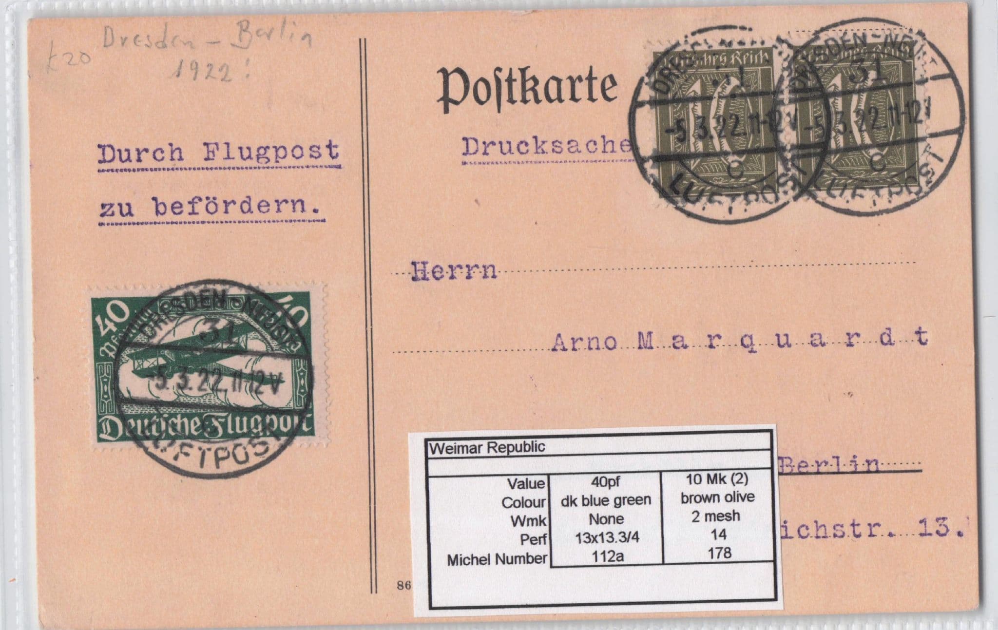 Dresden Luftpost to Berlin 1922 Durch Flugpost Old German Postcard