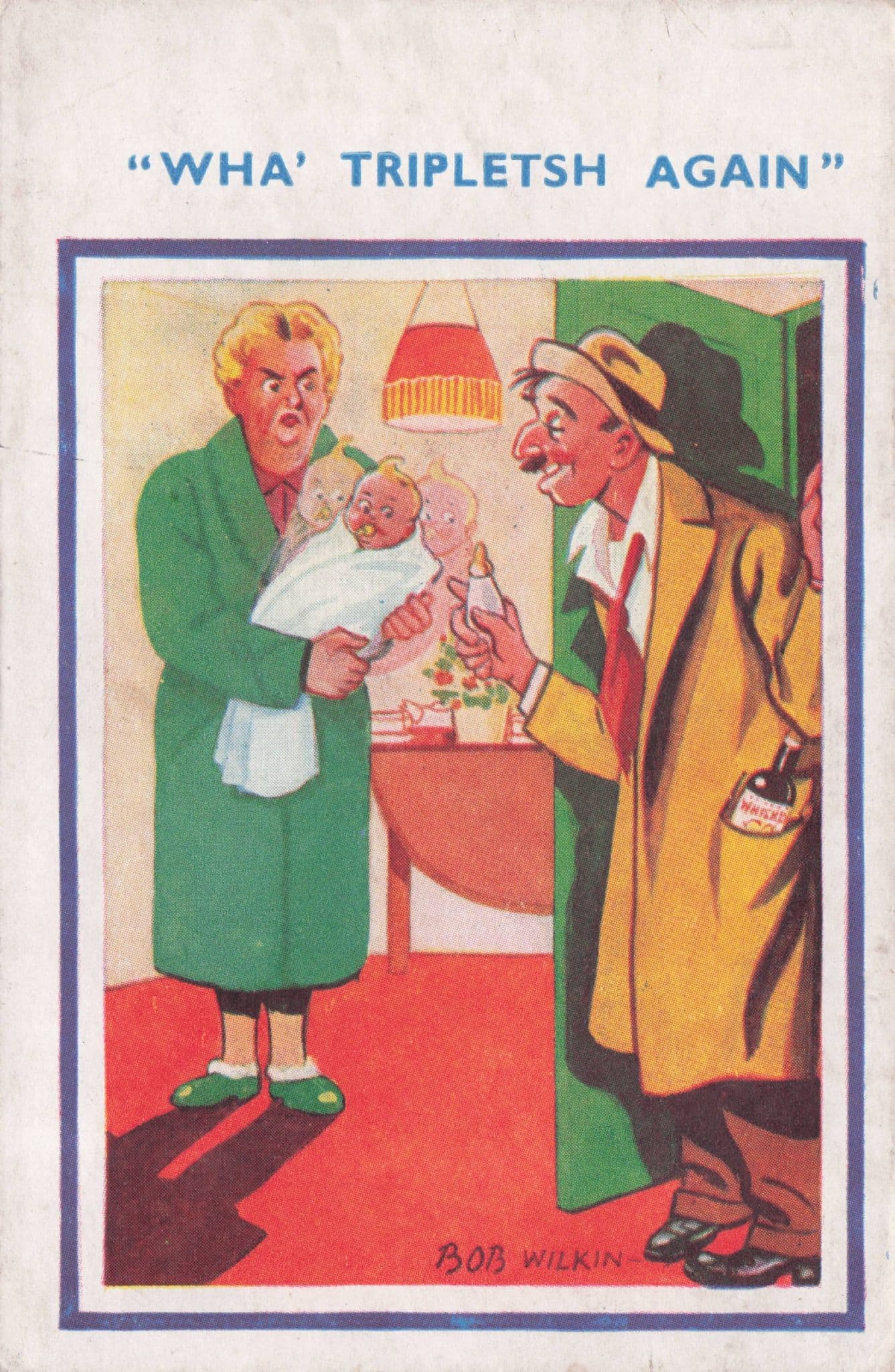 Drunk Wife Pregnancy Has Triplets Bob Wilkin Old Comic Postcard