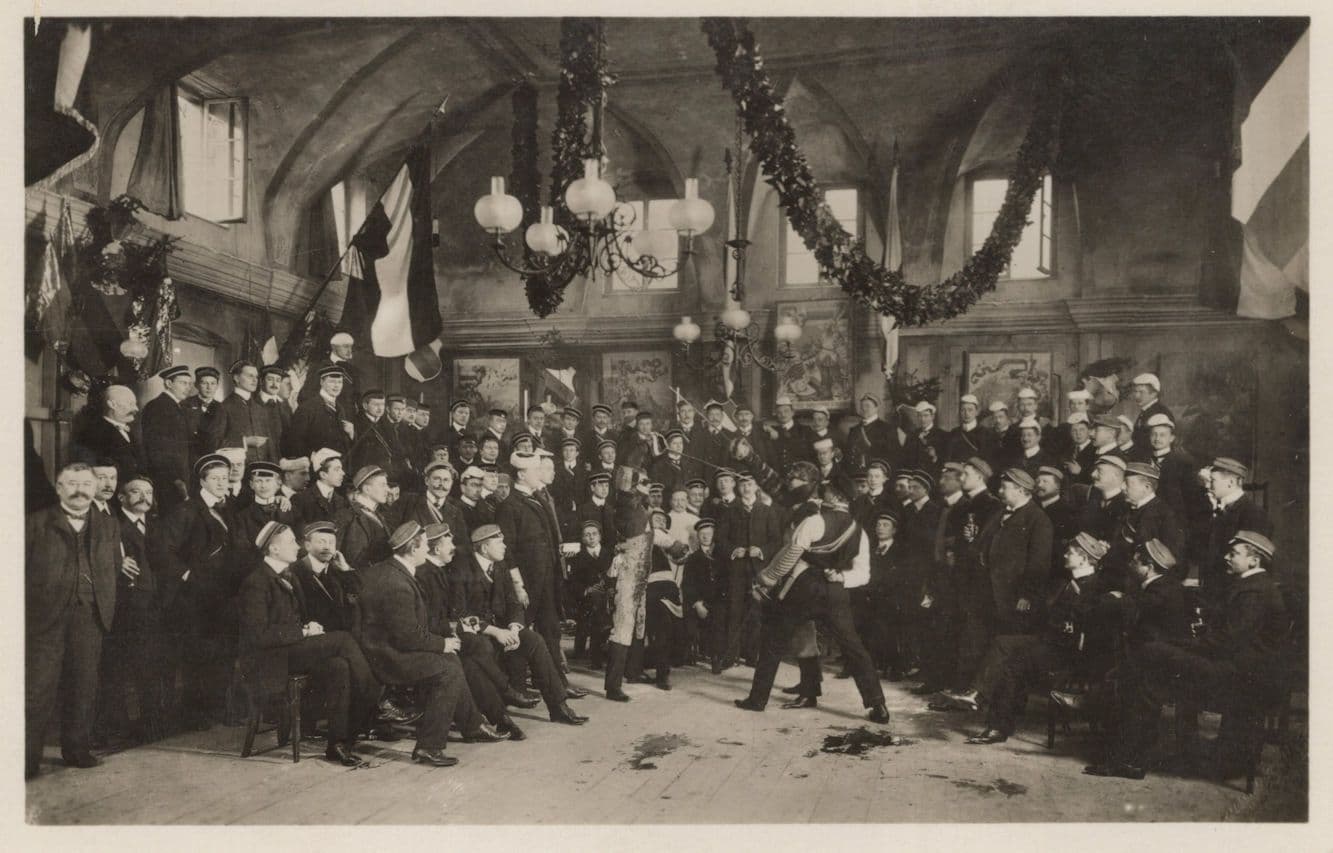 Duelling Scene Between Students German Swordfighting RPC Old Postcard