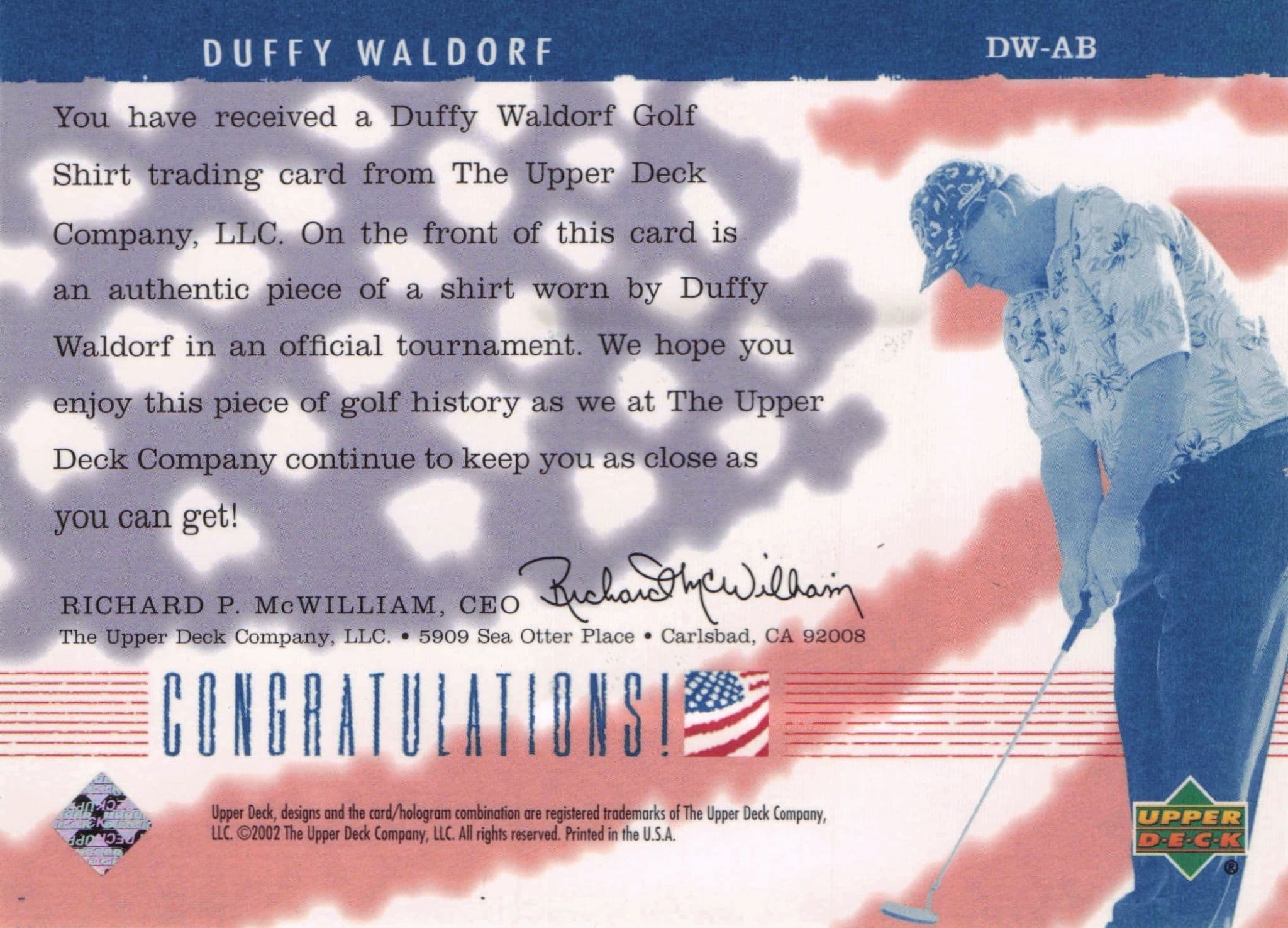 Duffy Waldorf America's Best 2002 Upper Deck Real Worn Golf Shirt Card