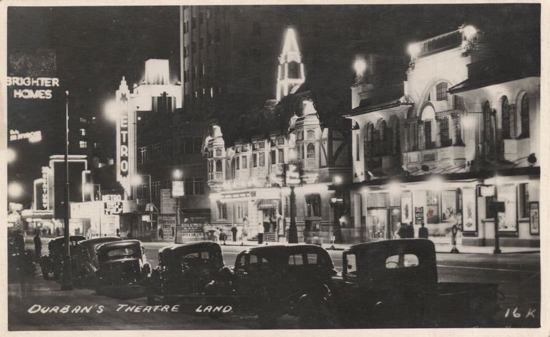Durban's Theatre Land at Night Illuminations South Africa Antique Postcard