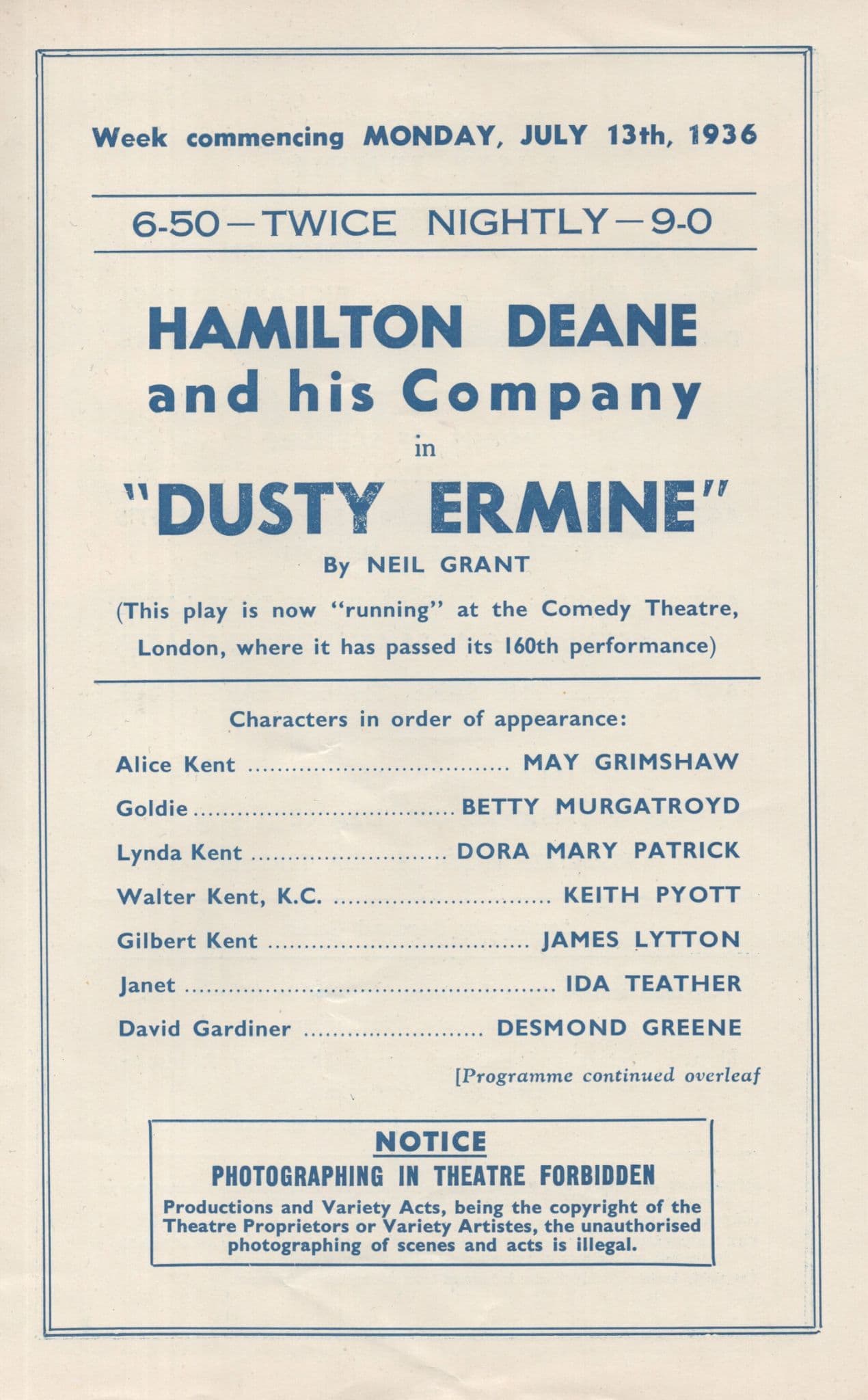 Dusty Ermine Hamilton Deane Nottingham Comedy 1936 Theatre Royal Programme