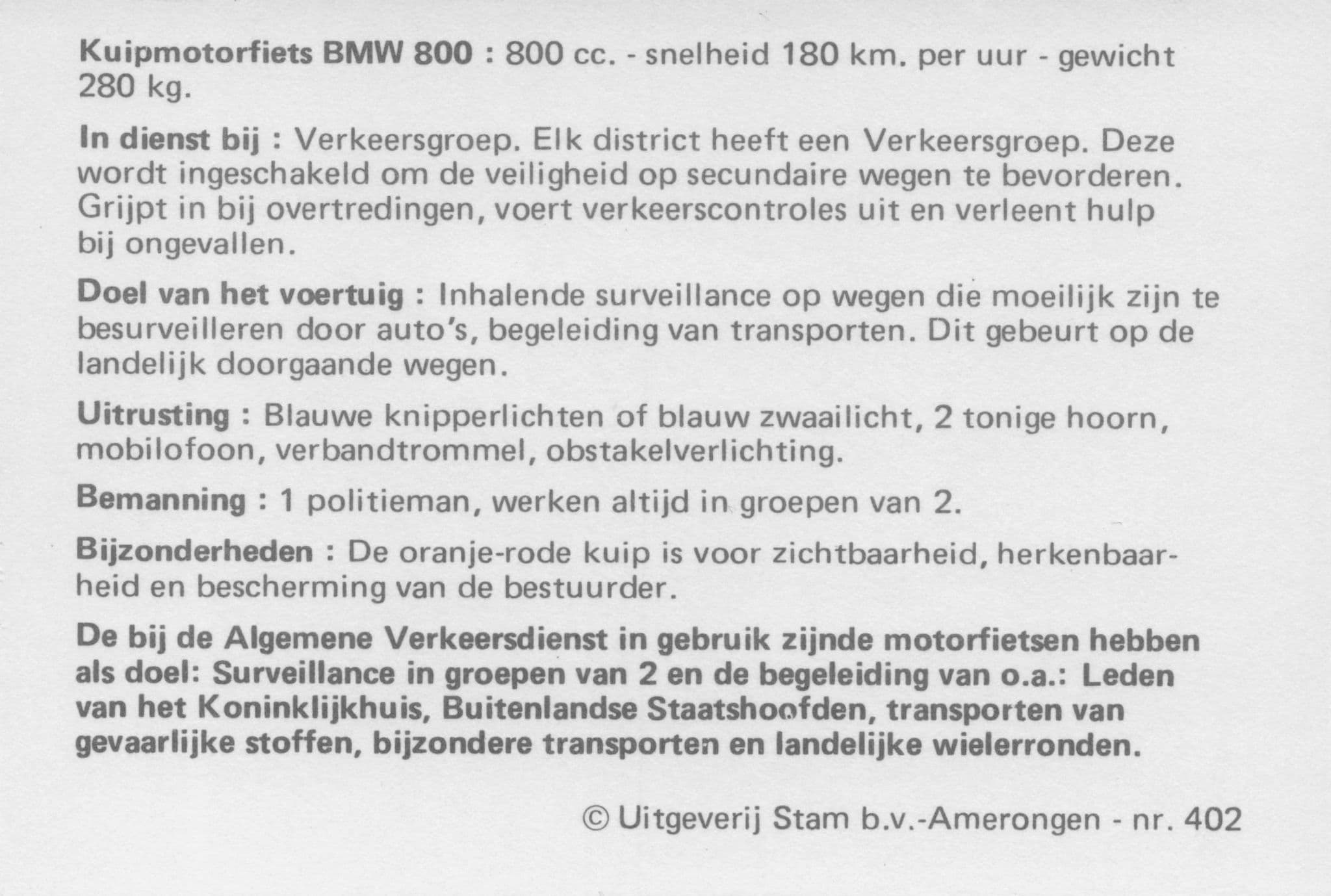 Dutch Holland Police Kuipmotorfiets BMW 800 Motorbike Trade Card