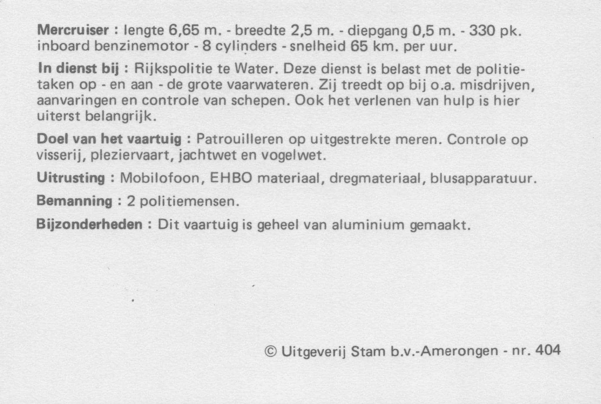 Dutch Holland Police Politie Mercruiser Ship Boat Photo Trade Card