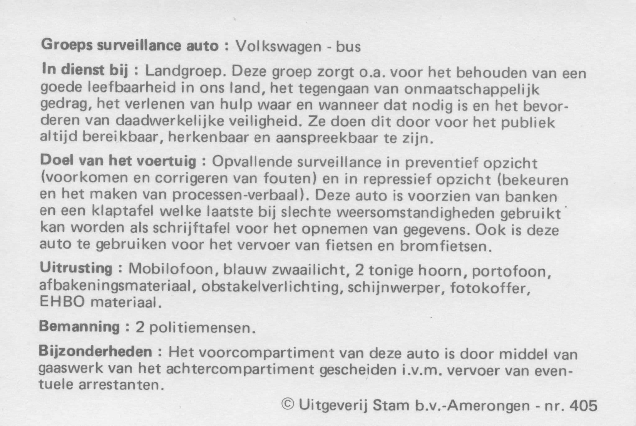 Dutch Holland Police Politie Volkswagen Bus Transport Photo Card